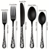 20/30pcs Gothic Design Cutlery Service For 4/6, Premium Stainless Steel Flatware Includes Spoon Fork And Knife, Cool Silverware With Skull&Rose Pattern, Mirror Polished, Nice Gift For Dark&Rock Lover/Halloween/Day Of The Dead