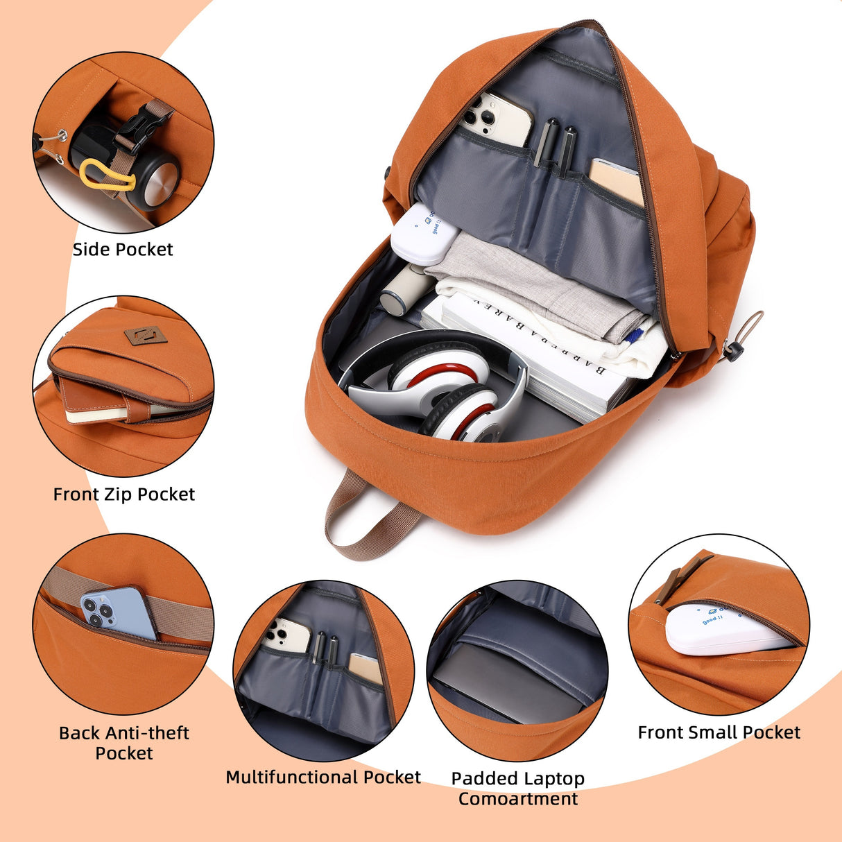 laptop backpack 15.6 inch anti theft travel backpacks for men and women large college bookbag work business daypack middle high school bag for girls boys teens students brown