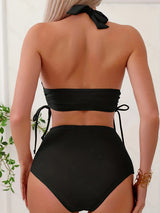Flattering Drawstring High Waist Halter Backless Bikini Set - Ruched Tummy Control, Solid Black, 2-Piece Swimsuit for Women - Chic, Sculpting Swimwear