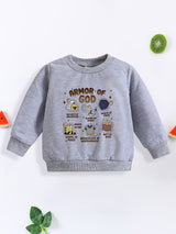 1pc Toddler Boys' Casual Long Sleeve "Armor of God" Print Pullover Sweatshirt, Polyester Knit Cartoon Pattern, Round Neck, Elastic Fabric, Loose Fit for Spring/Autumn