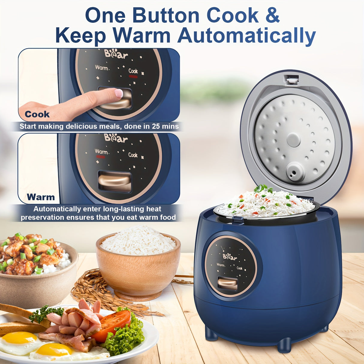 Bear 2 Cups Mini Rice Cooker For White/Brown Rice Quinoa Oatmeal Soup, 40.58oz Portable Non-Stick Small Travel Rice Cooker, BPA Free, One Button To Cook And Keep Warm Function (Navy Blue)