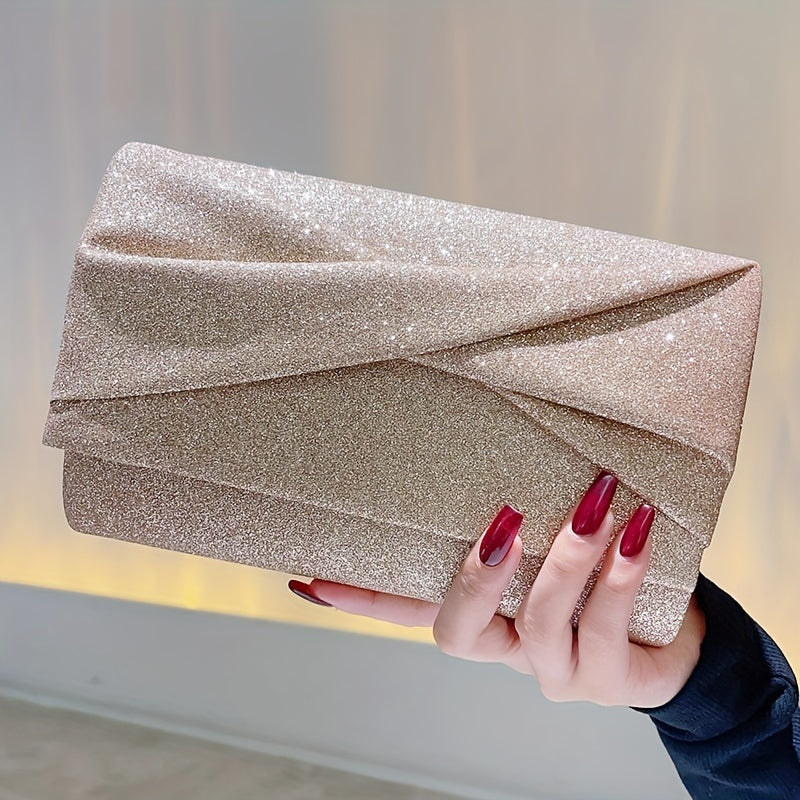 Sparkling Ruched Evening Clutch Bag - Glitter Envelope Purse for Women, Perfect for Cocktail Party, Carnaval, Wedding, Music Festival, and Formal Occasions