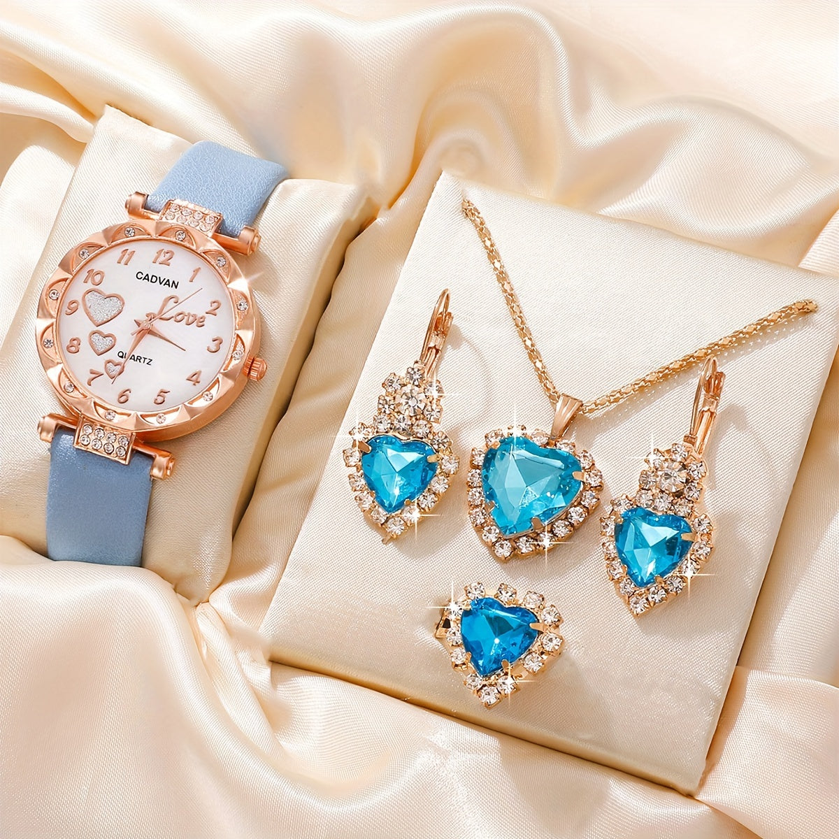 5pcs/set Adorable Heart Womens Watch - Glamorous Rhinestone Quartz Analog Wrist Watches & Jewelry Ensemble - Sparkling Timeless Accessories, Ideal Gift for Her