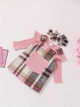 3-piece Baby Girl Autumn Solid Color Pit Stripe Long Sleeve Jumpsuit with Chest Pocket & Adjustable Shoulder Strap - Plaid Skirt & Headband Set - For Girls 0-12 Months - Perfect for Fall Outfits & Photoshoots - Ideal Gift for
