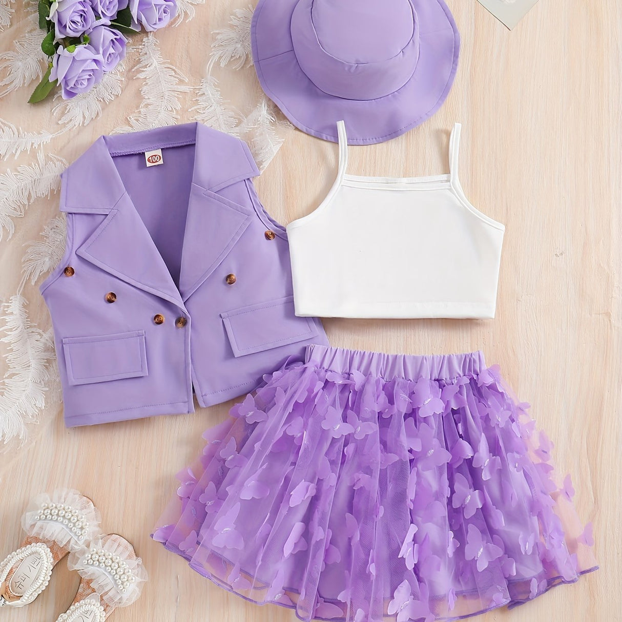 4-Piece Girl's Vest, Camisole, Hat, and Elastic Waist Skirt Set - Butterfly Mesh Decor, Cute Trendy Outfits for Summer, Breathable, Comfortable, and Adorable Kids Clothes for Little Princesses