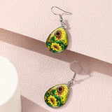 Elegant Sunflower & Hummingbird Water Drop Earrings - Stainless Steel Posts, Glass Material, Perfect for Casual Attire, Pair, Elegant Style