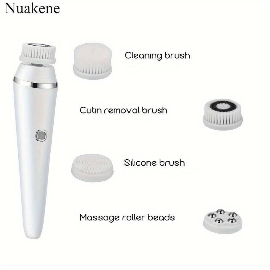 Nuakene 4-in-1 Rechargeable Electric Facial Cleansing Brush - Soft Bristle Brush, Silicone Facial Cleaner, Facial Massager, Rotating Base, Gentle Exfoliator, Deep Cleaning, Holiday Gift for Women
