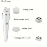 Nuakene 4-in-1 Rechargeable Electric Facial Cleansing Brush - Soft Bristle Brush, Silicone Facial Cleaner, Facial Massager, Rotating Base, Gentle Exfoliator, Deep Cleaning, Holiday Gift for Women