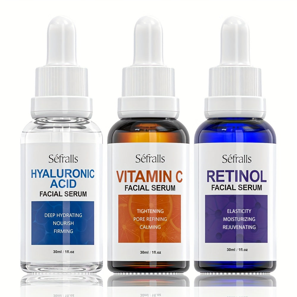 Seffralls Hyaluronic Acid VC Essence Set 1.01oz*3pcs with Vitamin-C Vitamin-A and Hyaluronic Acid Serum for Glistening, Firming Hydrating Dry Skin Serum for Firm Gift Festival Travel Set