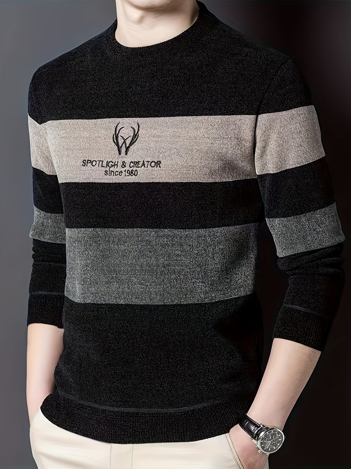 Color Block Knitted Sweater, Men's Casual Warm Mid Stretch Crew Neck Pullover Sweater For Men Fall Winter