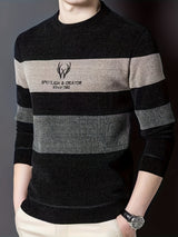 Color Block Knitted Sweater, Men's Casual Warm Mid Stretch Crew Neck Pullover Sweater For Men Fall Winter