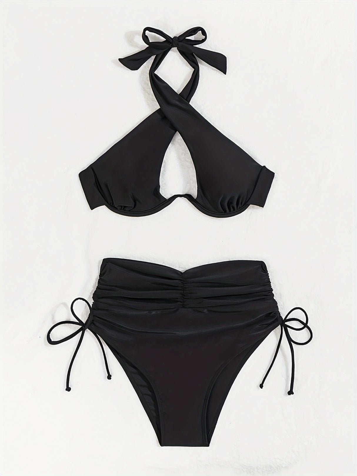 Elegant Halter Neck Bikini Set with High-Waist Tummy Control - Stretchy, Non-Transparent Nylon Blend Swimsuit for Women, High Waisted Bikini Set