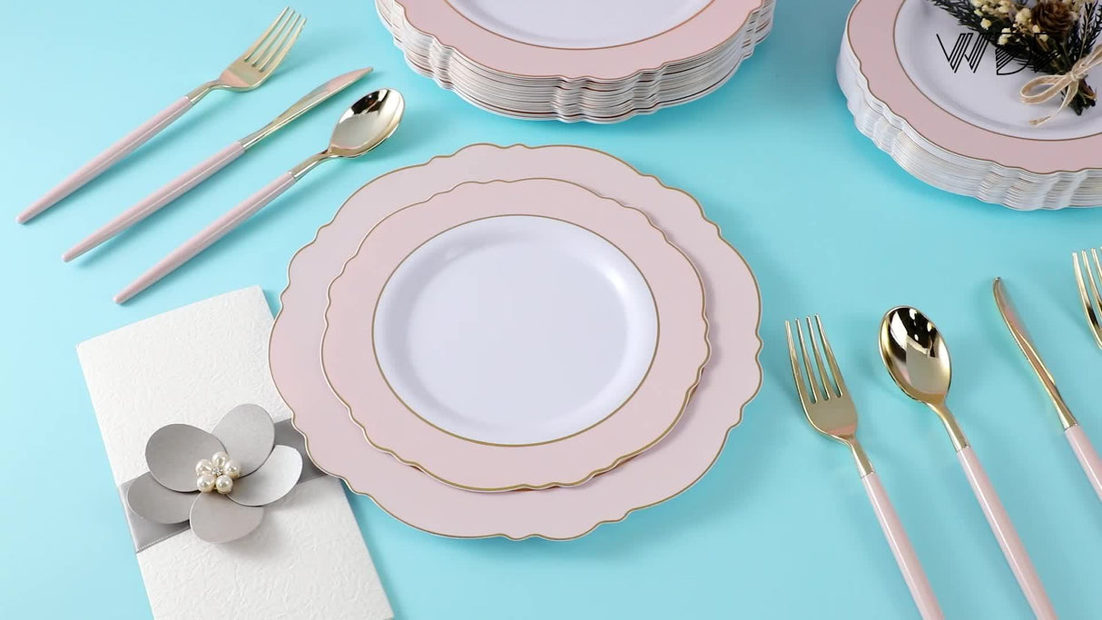 [30 Guests Pink Plastic Dinnerware] WDF 30 Guests Pink Plastic Plates & Golden Plastic Silverware With Pink Handle-Baroque Pink &Golden Plastic Dinnerware For Upscale Wedding &Parties