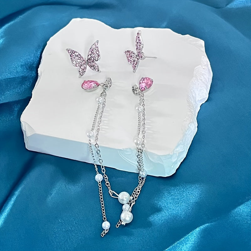 Chic Purple Butterfly Pearl Tassel Earrings - Whimsical Animal Pattern, Japanese & Korean Style, Versatile for All Occasions