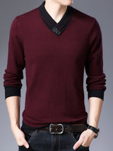 All Match Knitted Slim Sweater, Men's Casual Warm Slightly Stretch Shawl Collar Pullover Sweater For Men Fall Winter
