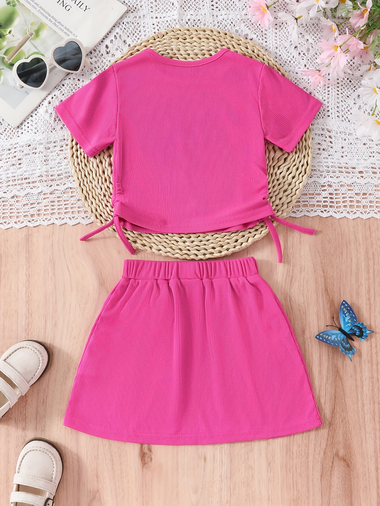 Girl's Trendy 2pcs, Drawstring T-shirt & Skirt Set, Butterfly Print Ribbed Short Sleeve Top, Casual Outfits, Kids Clothes For Summer