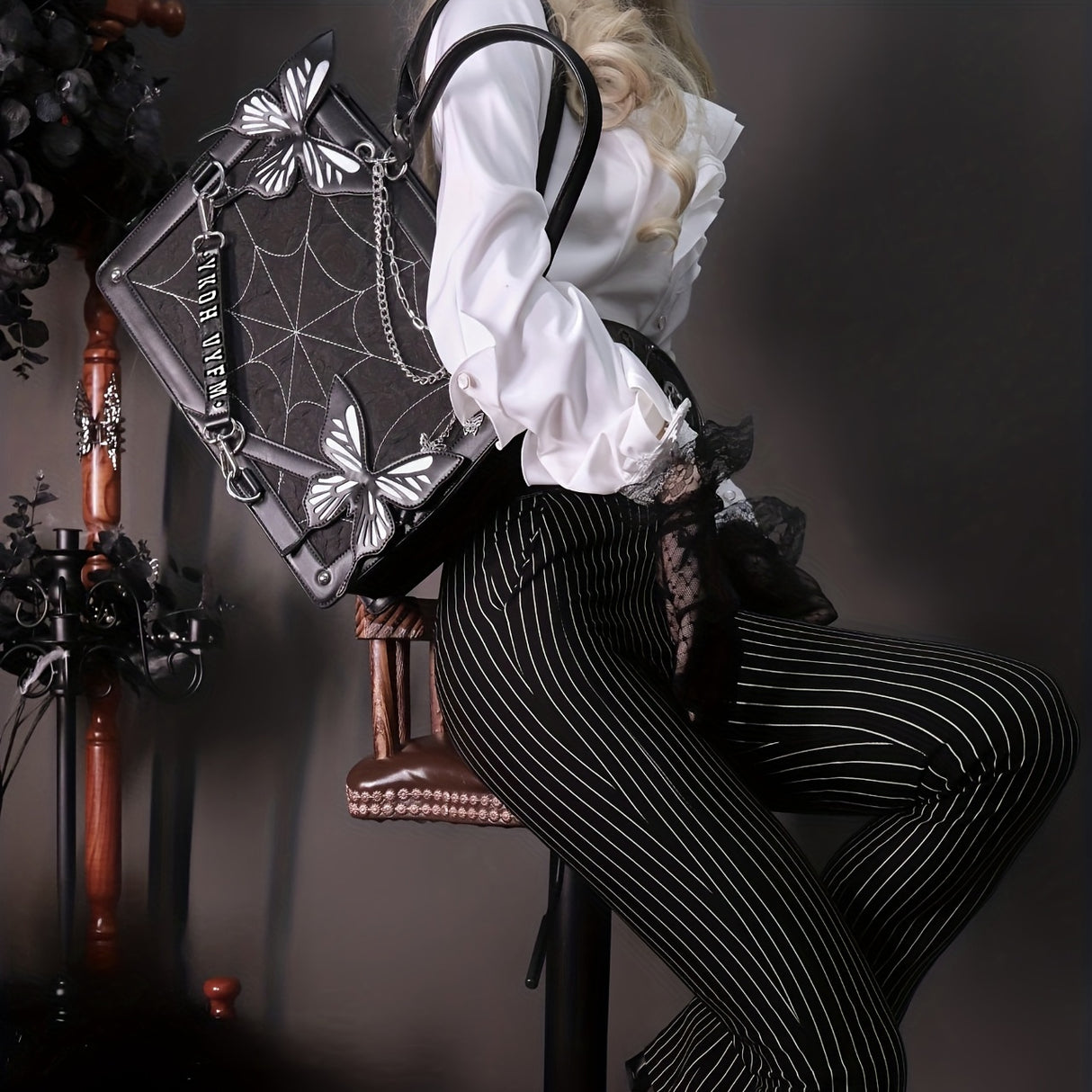 Gothic Butterfly Deco Tote Bag, Y2K Punk Crossbody Bag, Funky Shoulder Purse & Handbag For Girls