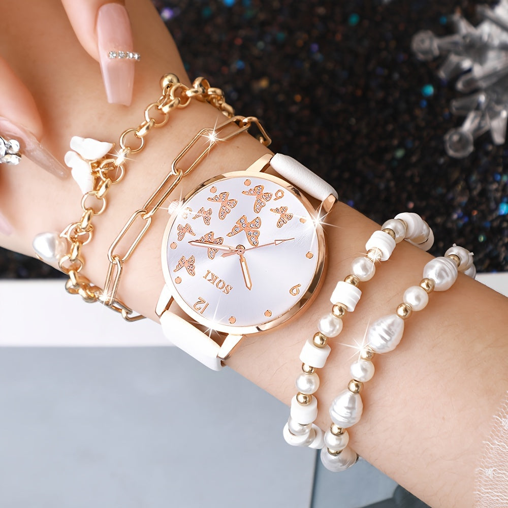 5pcs/set Women's Watch Elegant Butterfly Quartz Watch Analog PU Leather Wrist Watch & Bracelets, Valentines Gift For Her