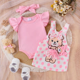 Baby Girl Outfit Summer Lace Short Sleeved + Teddy Bear Strap Skirt +Headknot 3pcs with 0-18Months