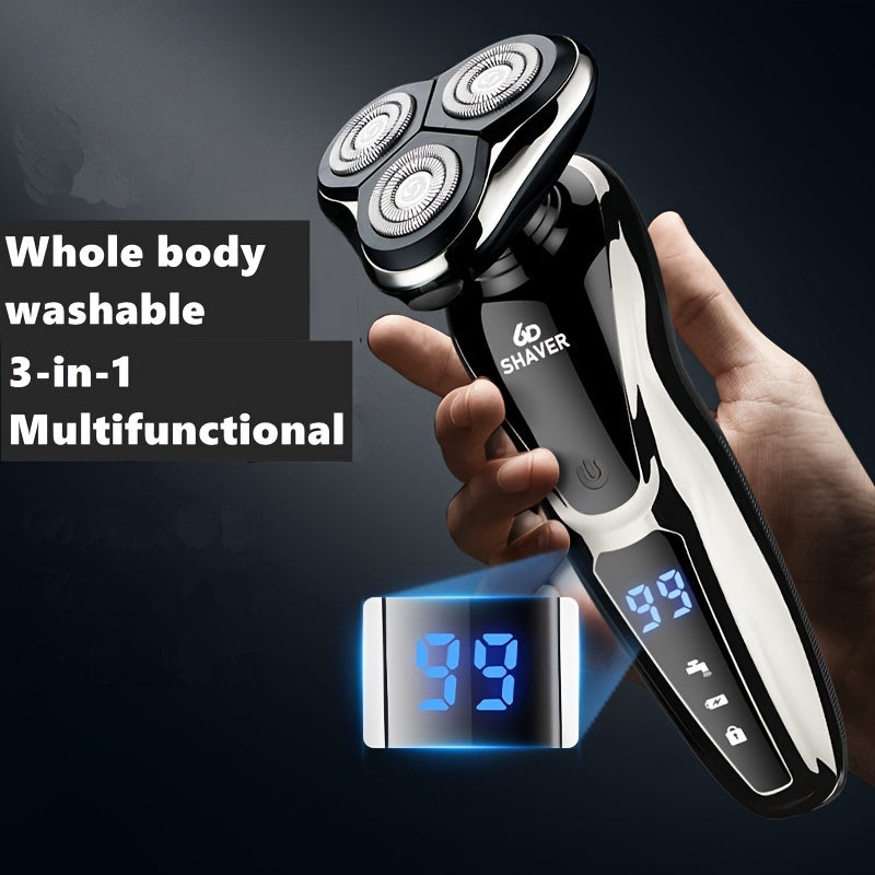 3 In 1 USB Rechargeable Electric Razor For Men, Portable Shaver With 3D Floating Blade, Nose Hair Trimmer, Digital Display Beard Machine