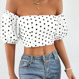 Vintage Chic Polka-Dot Print Tie-Back Crop Blouse - Women's Off Shoulder Crop Tops for Spring & Summer - Breathable, Lightweight, Comfortable, Relaxed Fit Clothing