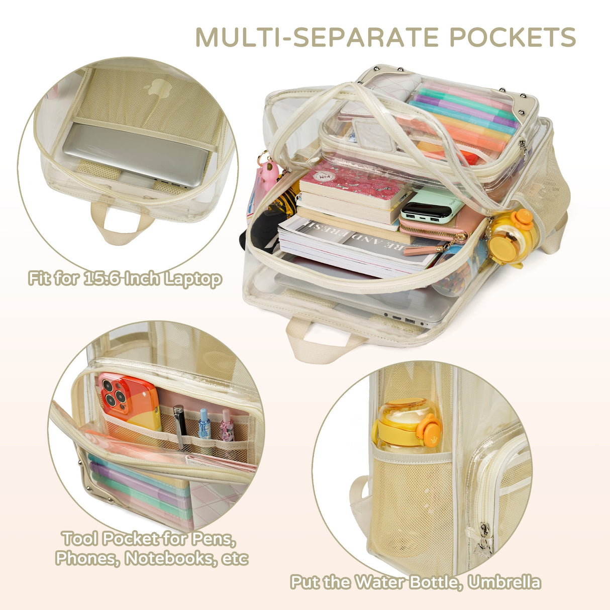 Clear Backpack for Women Men Stadium Events TPU Transparent Travel Backpacks Large Laptop College Bookbags Kids Elementary School Bag for Girls Boys Teens Student Causal Daypack-Beige