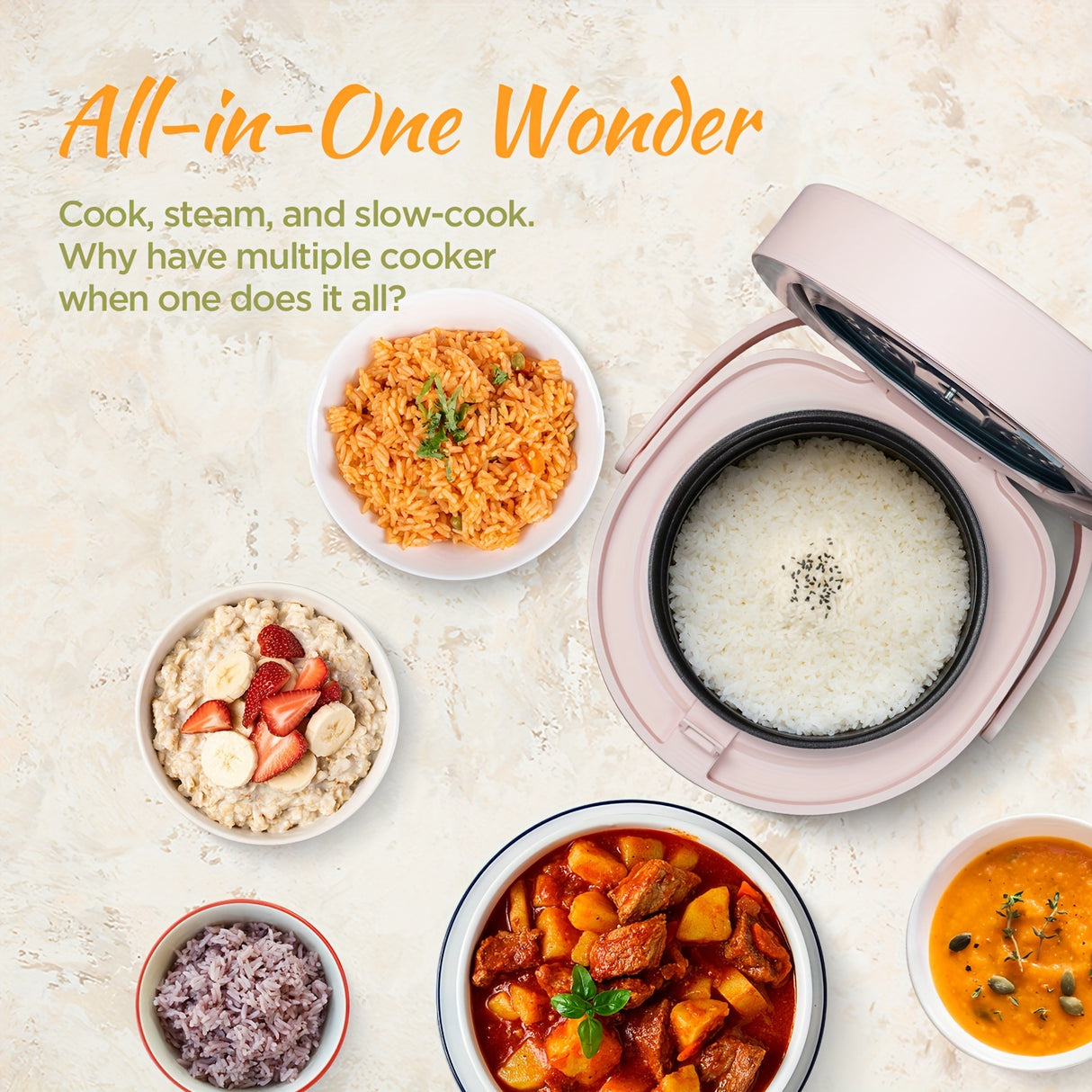 MOOSUM Multi Mini Rice Cooker 2-cups Uncooked (1.2L), Portable Small Japanese Travel Rice Cooker with Non-Stick Inner Pot, Slow Cooker, Easy Presets, 24 Hours Timer Delay & Keep Warm Function