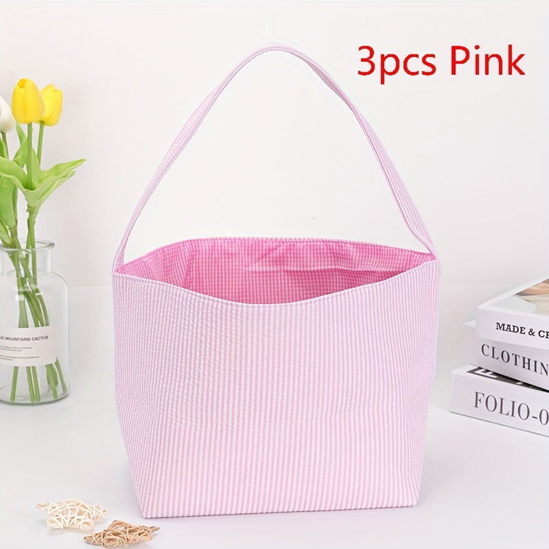 1pc Large Capacity Tote Bag, Easter Gift Bag, Easter Eggs Storage Bucket, Striped Seersucker Bunny Bag, Hunting Easter Eggs Handbag, Easter Party Decorations Gifts Bag, Party Tote Bags, Easter Gift Party Supplies