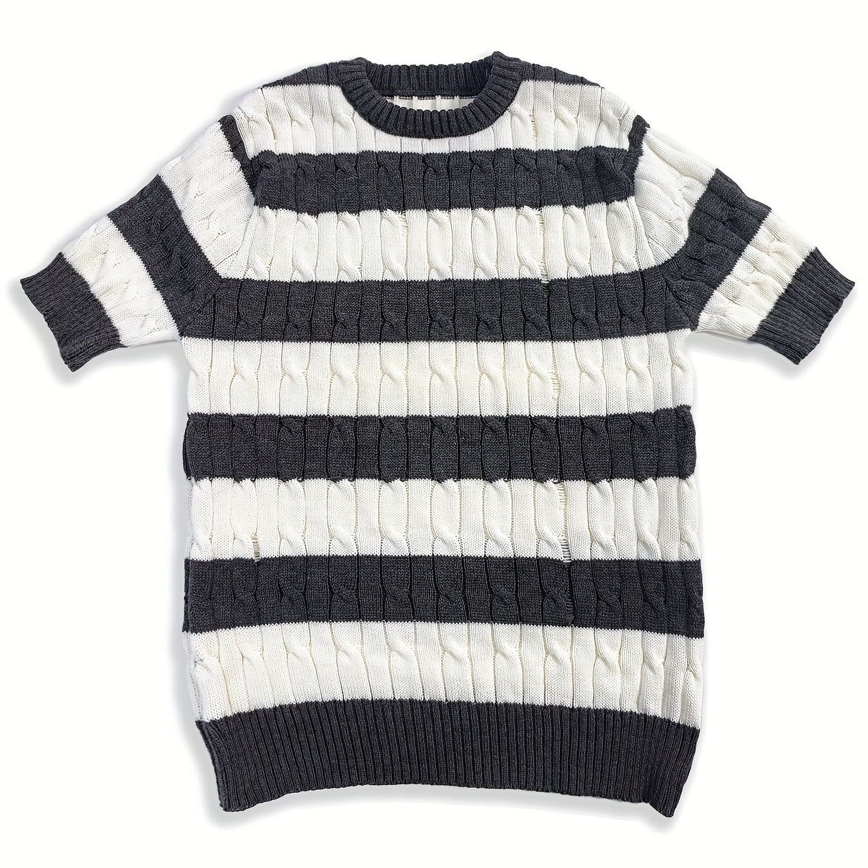 Summer Striped Knit Crew Neck Sweater for Men - Soft Rib-Knit Acrylic Fabric, Regular Fit, Slight Stretch, Dry Clean Only - Perfect Casual Short Sleeve Pullover for Warm Weather