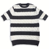 Summer Striped Knit Crew Neck Sweater for Men - Soft Rib-Knit Acrylic Fabric, Regular Fit, Slight Stretch, Dry Clean Only - Perfect Casual Short Sleeve Pullover for Warm Weather