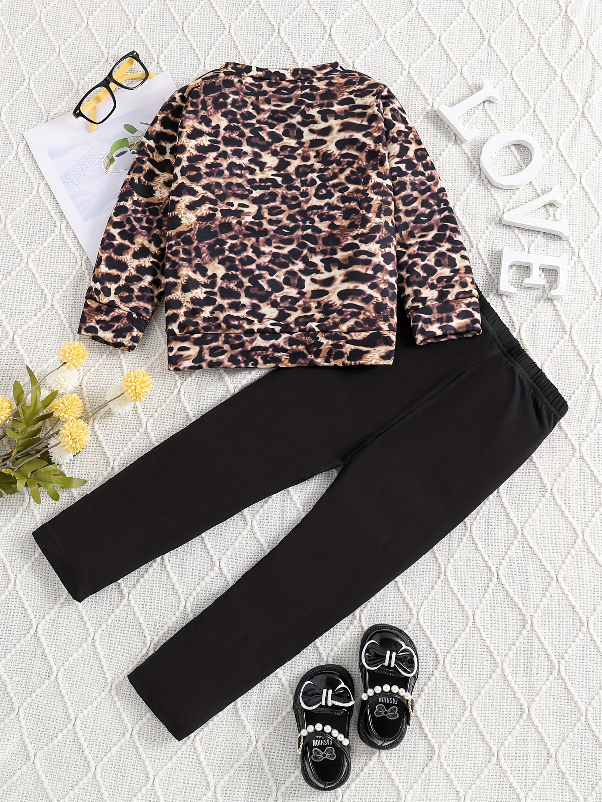 2pcs Girls Leopard Print Top +Jeans Set Kids Clothes For Gift Spring Fall