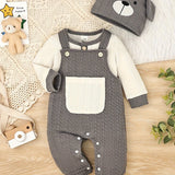 CETEPY Toddler Baby Boys Clothes Autumn Winter Outfits Long-sleeved Top Jumpsuit Suspender Trousers with Knitted Hat Sets 0 Months-18 Months, for Outdoor