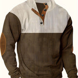 Retro Color Block Knitted Ribbed Sweater, Men's Casual Warm Mid Stretch Stand Collar Pullover Sweater For Men Fall Winter, Old Money Style