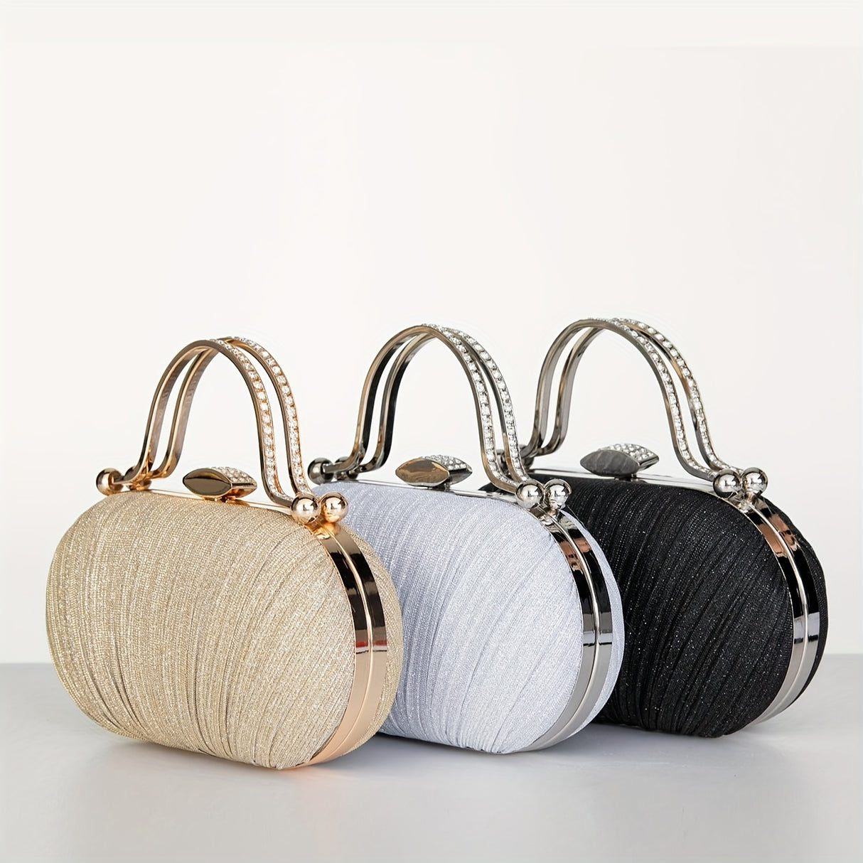 Sparkling Ruffled Clutch Bag - Shiny Top Ring Handle for Elegant Evening Wear - Perfect for Weddings, Parties, and Festivals