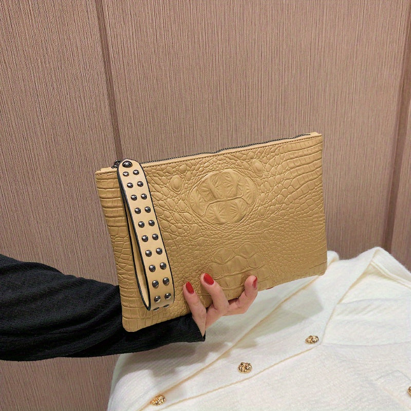 Crocodile Pattern Square Clutch Bag - Zipper Closure, Fixed Shoulder Straps, Animal Print PU Handbag with Polyester Lining and Wristlet - Fashionable Studded Decor for Women