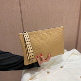 Crocodile Pattern Square Clutch Bag - Zipper Closure, Fixed Shoulder Straps, Animal Print PU Handbag with Polyester Lining and Wristlet - Fashionable Studded Decor for Women