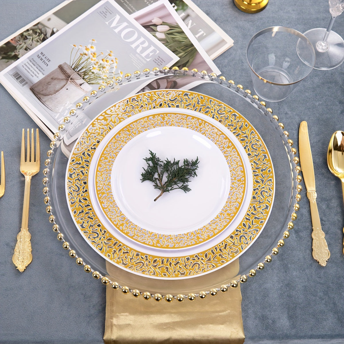 350 Piece Disposable Plastic Dinnerware Set, Golden Lace Design, 50 Dinner Plates, 50 Dessert Plates, 50 Golden Silverware, 50 Golden Cups, 50 Napkins for Thanksgiving Party