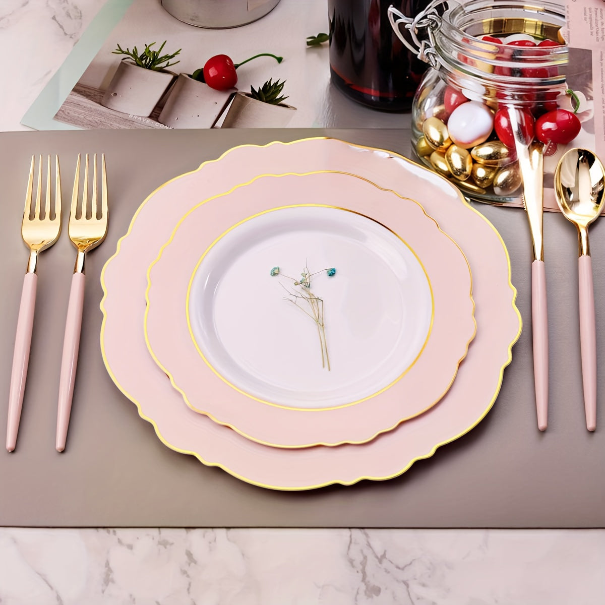 [30 Guests Pink Plastic Dinnerware] WDF 30 Guests Pink Plastic Plates & Golden Plastic Silverware With Pink Handle-Baroque Pink &Golden Plastic Dinnerware For Upscale Wedding &Parties