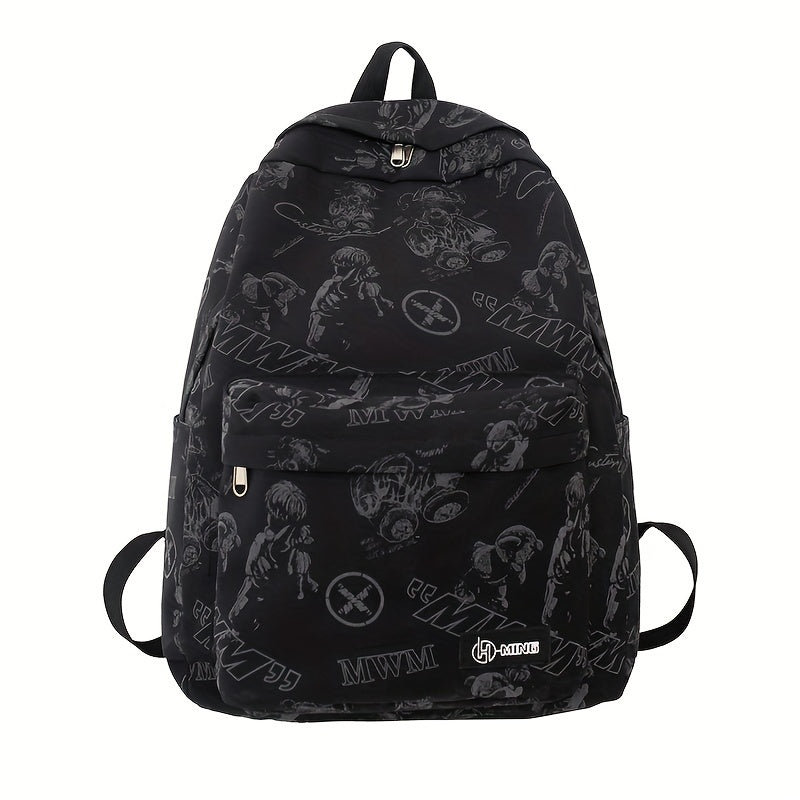 Reflective Graffiti-Style Large Capacity Backpack - Durable Nylon, Casual College & High School Bag with Laptop Compartment, Hand-Washable, Black with White & Gray Graphics, Backpack for School