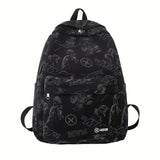 Reflective Graffiti-Style Large Capacity Backpack - Durable Nylon, Casual College & High School Bag with Laptop Compartment, Hand-Washable, Black with White & Gray Graphics, Backpack for School