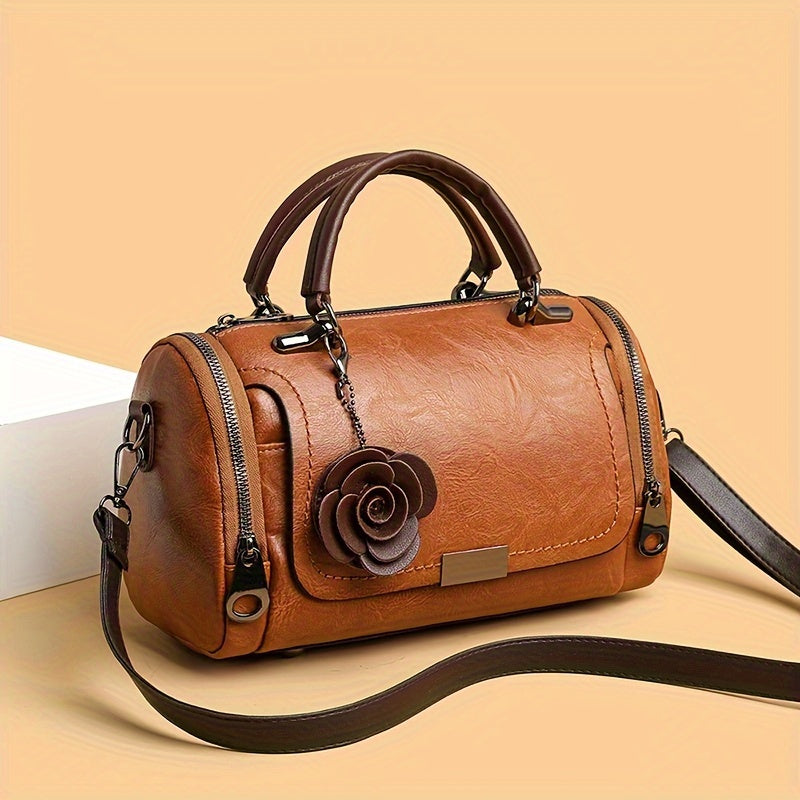 Women'S Boston Handbag with Flower Pendant, Solid Color Zippered Satchel, Polyester Lined, Painted Edges, Messenger Bag for Occasions