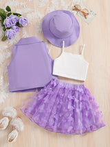 4-Piece Girl's Vest, Camisole, Hat, and Elastic Waist Skirt Set - Butterfly Mesh Decor, Cute Trendy Outfits for Summer, Breathable, Comfortable, and Adorable Kids Clothes for Little Princesses