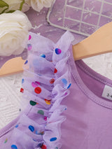 Vibrant Colorful Dot Pattern Flutter Sleeve Crew Neck Mesh Dress - Flowy Sleeves, Breathable Fabric, Matching Belt - Perfect Summer Gift for Little Girls and Princesses, Girls Clothing Collection