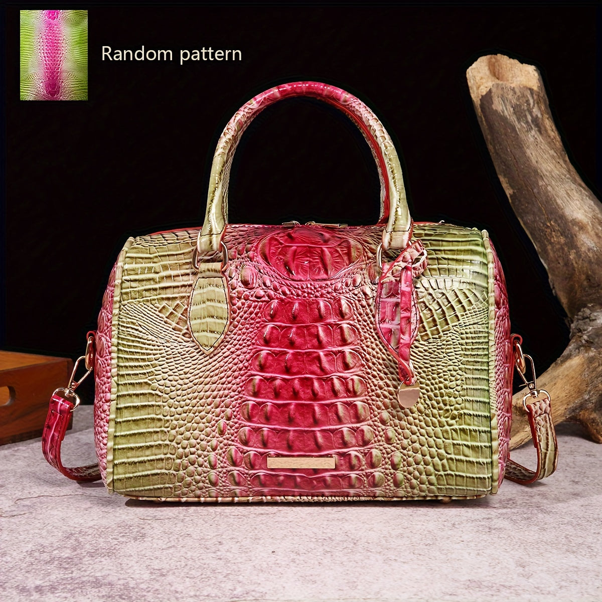 Luxury Crocodile Pattern Handbag, Retro Genuine Purse, Women's Classic Boston Bag & Shoulder Bag