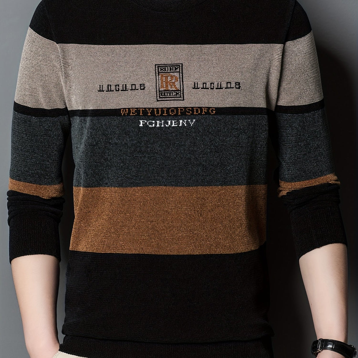 All Match Knitted Color Block Sweater, Men's Casual Warm High Stretch Crew Neck Pullover Sweater For Men Fall Winter