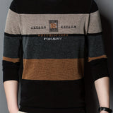 All Match Knitted Color Block Sweater, Men's Casual Warm High Stretch Crew Neck Pullover Sweater For Men Fall Winter