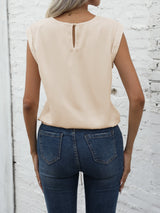Chic Keyhole Back Tie Front Blouse - Effortless Casual Style with Classic Crew Neck Design - Perfect for Womens Spring and Summer Fashion