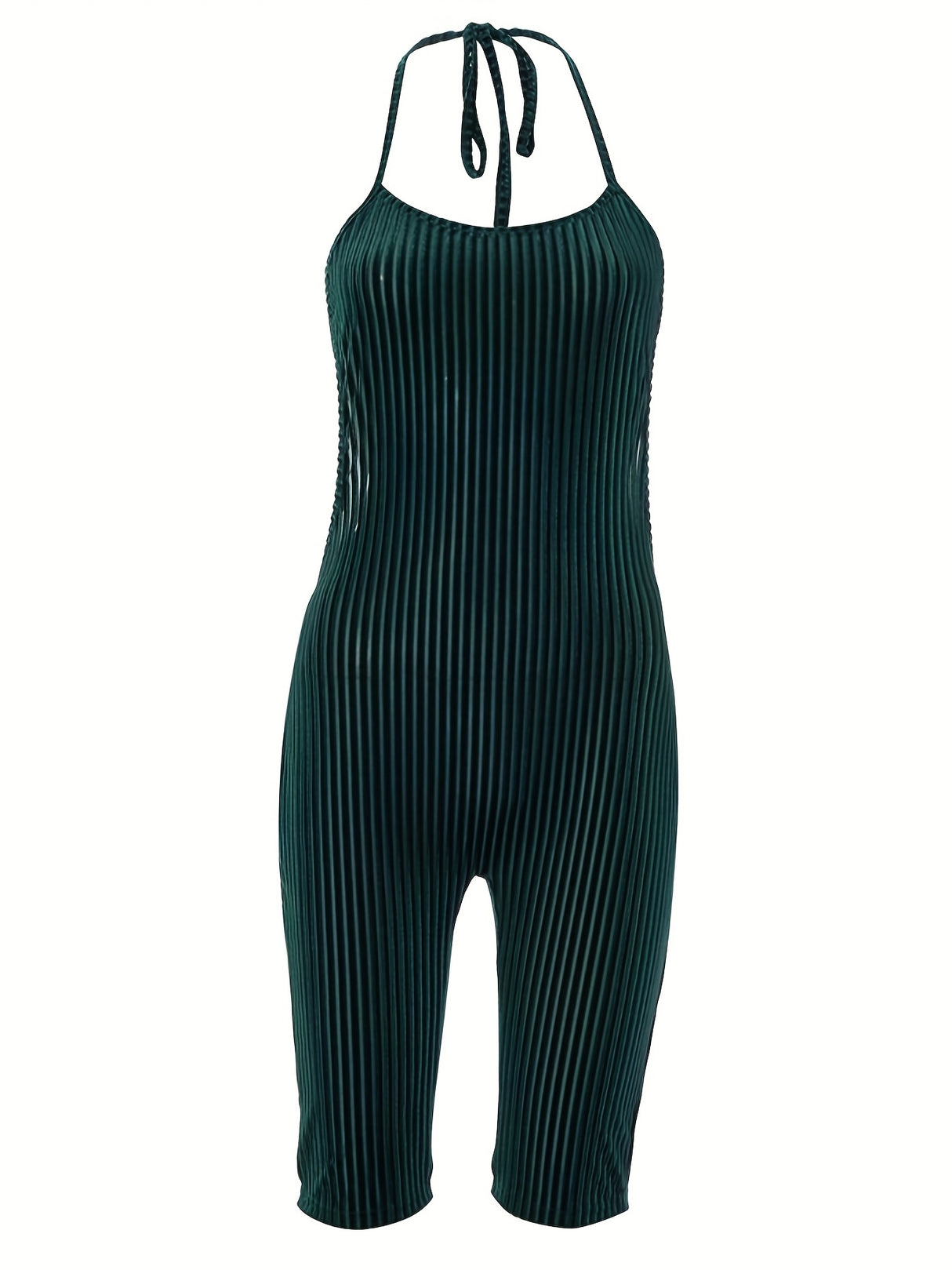 Sexy Velvet Halter Romper for Women - Backless Tie-Up Jumpsuit with Ribbed Texture, Machine Washable, Green, Perfect for Spring/Summer Parties, Plus Rompers And Jumpsuits