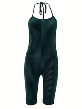 Sexy Velvet Halter Romper for Women - Backless Tie-Up Jumpsuit with Ribbed Texture, Machine Washable, Green, Perfect for Spring/Summer Parties, Plus Rompers And Jumpsuits