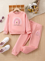 Girls 2pcs "Be Kind" And Rainbow Print Top & Jogger Pants Set, Thick Outfits Kids Clothes For Sports Spring Fall Winter